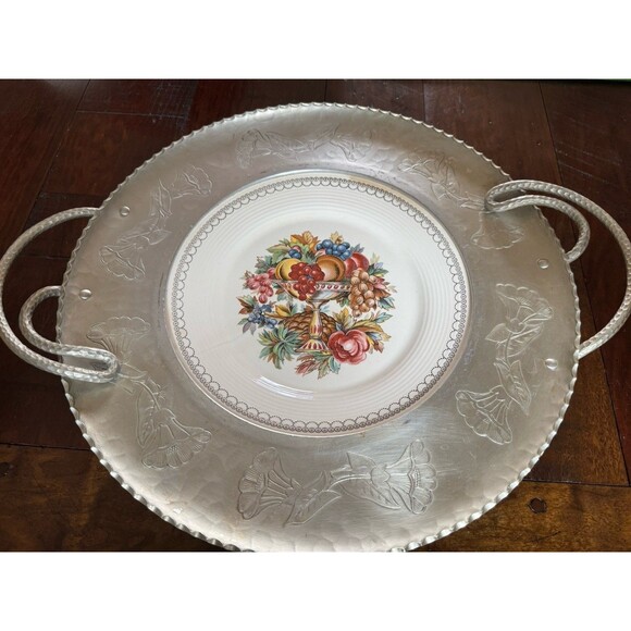 Triumph Limoges 22K White Gold‎ Porcelain Hammered Aluminum Farberware Plate VTG - Picture 1 of 11